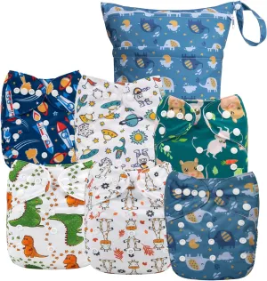 ALVABABY 6pcs Cloth Diaper Covers & 1 Wet Dry Bag, Washable Reusable Diaper Shell for Prefold with Multi-Functional Bag