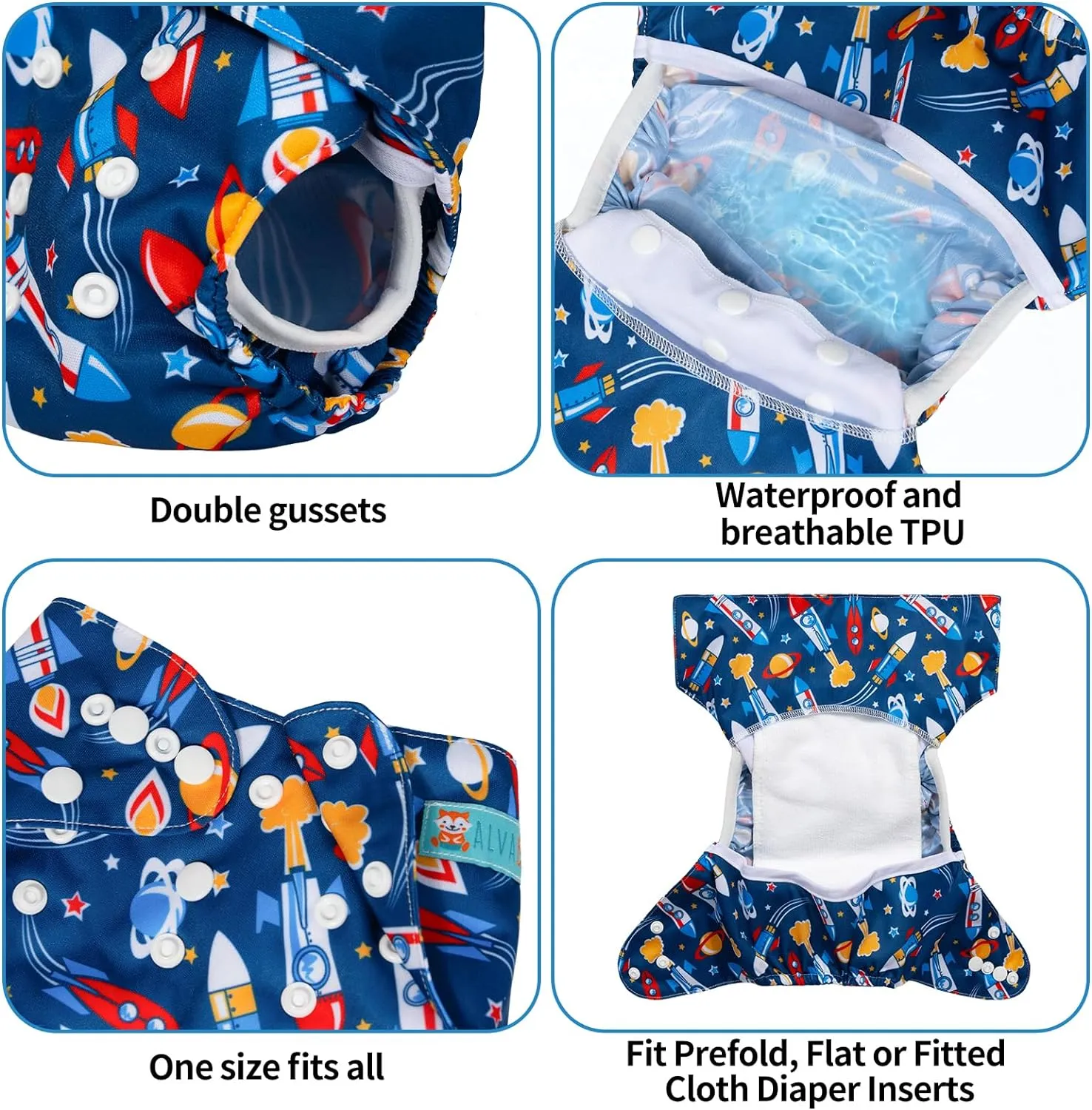 ALVABABY 6pcs Cloth Diaper Covers & 1 Wet Dry Bag, Washable Reusable Diaper Shell for Prefold with Multi-Functional Bag