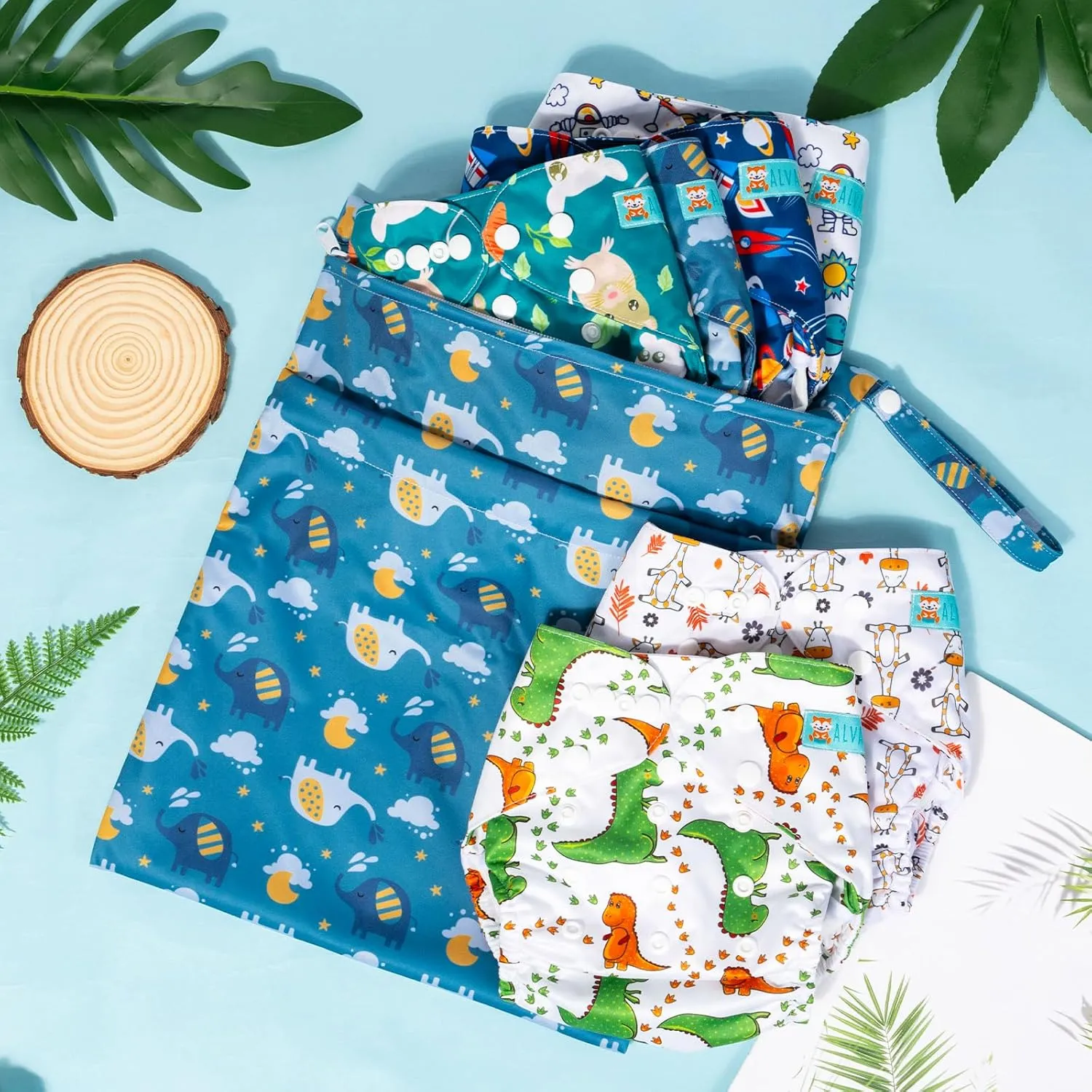 ALVABABY 6pcs Cloth Diaper Covers & 1 Wet Dry Bag, Washable Reusable Diaper Shell for Prefold with Multi-Functional Bag