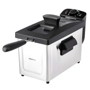 Amazon Basics 3.2-Qt (3.0L) Deep Fryer with 12-Cup Oil Capacity, Adjustable Temperature, Easy Draining Basket, Stainless Steel Exterior, Viewing Window, 1500W, Black & Silver