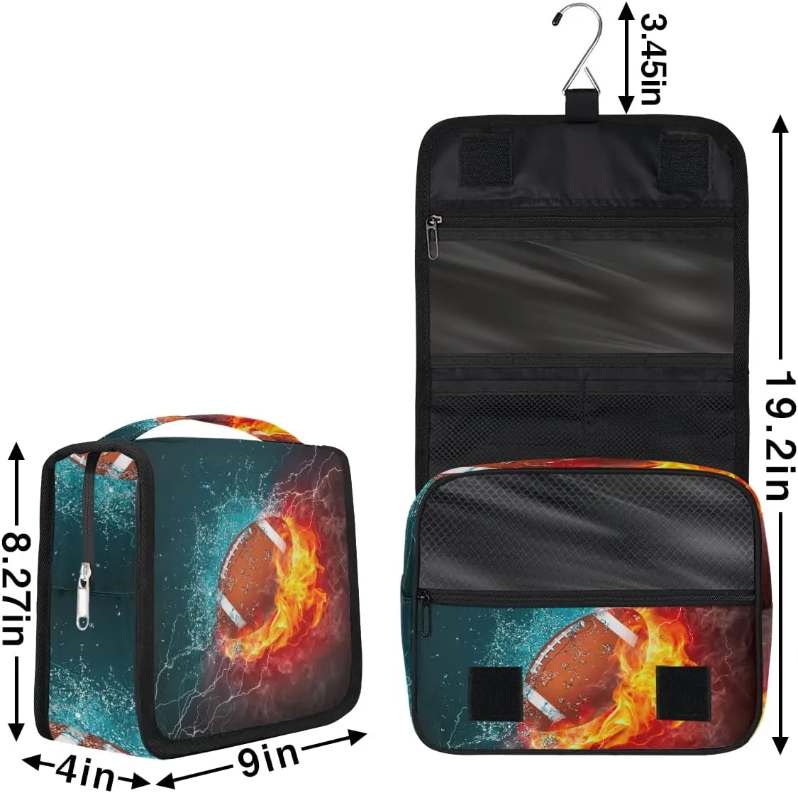 American Football Toiletry Bag for Women Men with Hanging Hook Fire Sport Ball Travel Cosmetic Bag Makeup Case Shaving Bag Organizer Pouch Bathroom Shower Toiletries Accessories