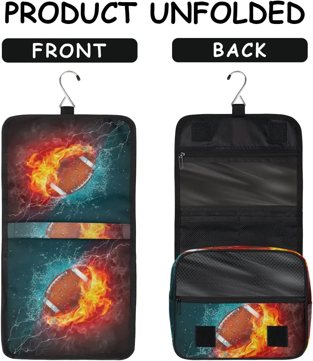 American Football Toiletry Bag for Women Men with Hanging Hook Fire Sport Ball Travel Cosmetic Bag Makeup Case Shaving Bag Organizer Pouch Bathroom Shower Toiletries Accessories