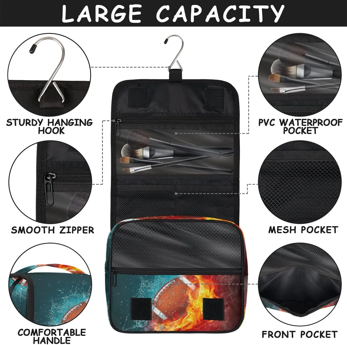 American Football Toiletry Bag for Women Men with Hanging Hook Fire Sport Ball Travel Cosmetic Bag Makeup Case Shaving Bag Organizer Pouch Bathroom Shower Toiletries Accessories