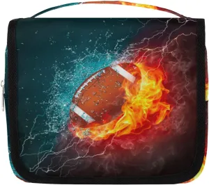 American Football Toiletry Bag for Women Men with Hanging Hook Fire Sport Ball Travel Cosmetic Bag Makeup Case Shaving Bag Organizer Pouch Bathroom Shower Toiletries Accessories