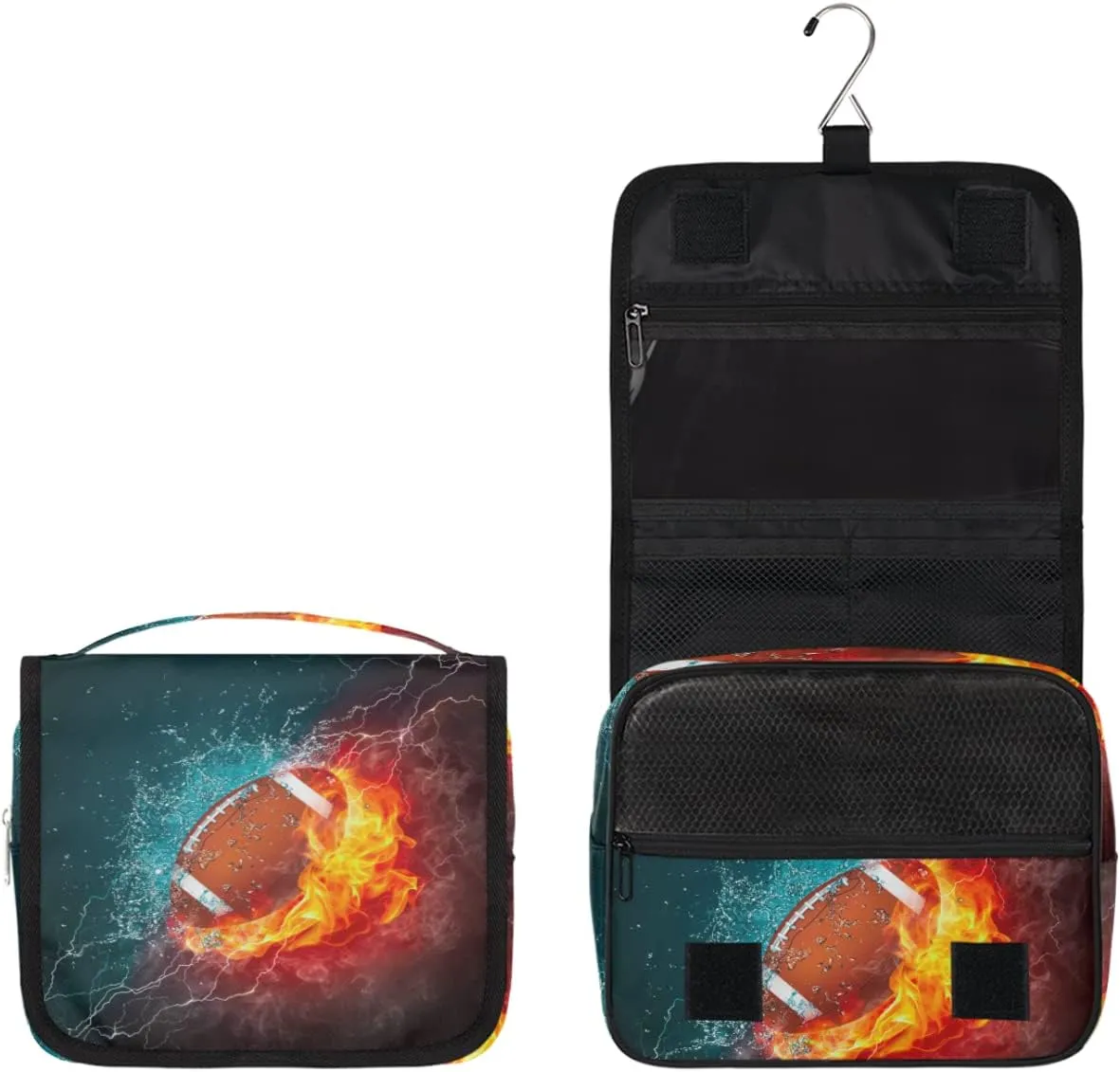 American Football Toiletry Bag for Women Men with Hanging Hook Fire Sport Ball Travel Cosmetic Bag Makeup Case Shaving Bag Organizer Pouch Bathroom Shower Toiletries Accessories