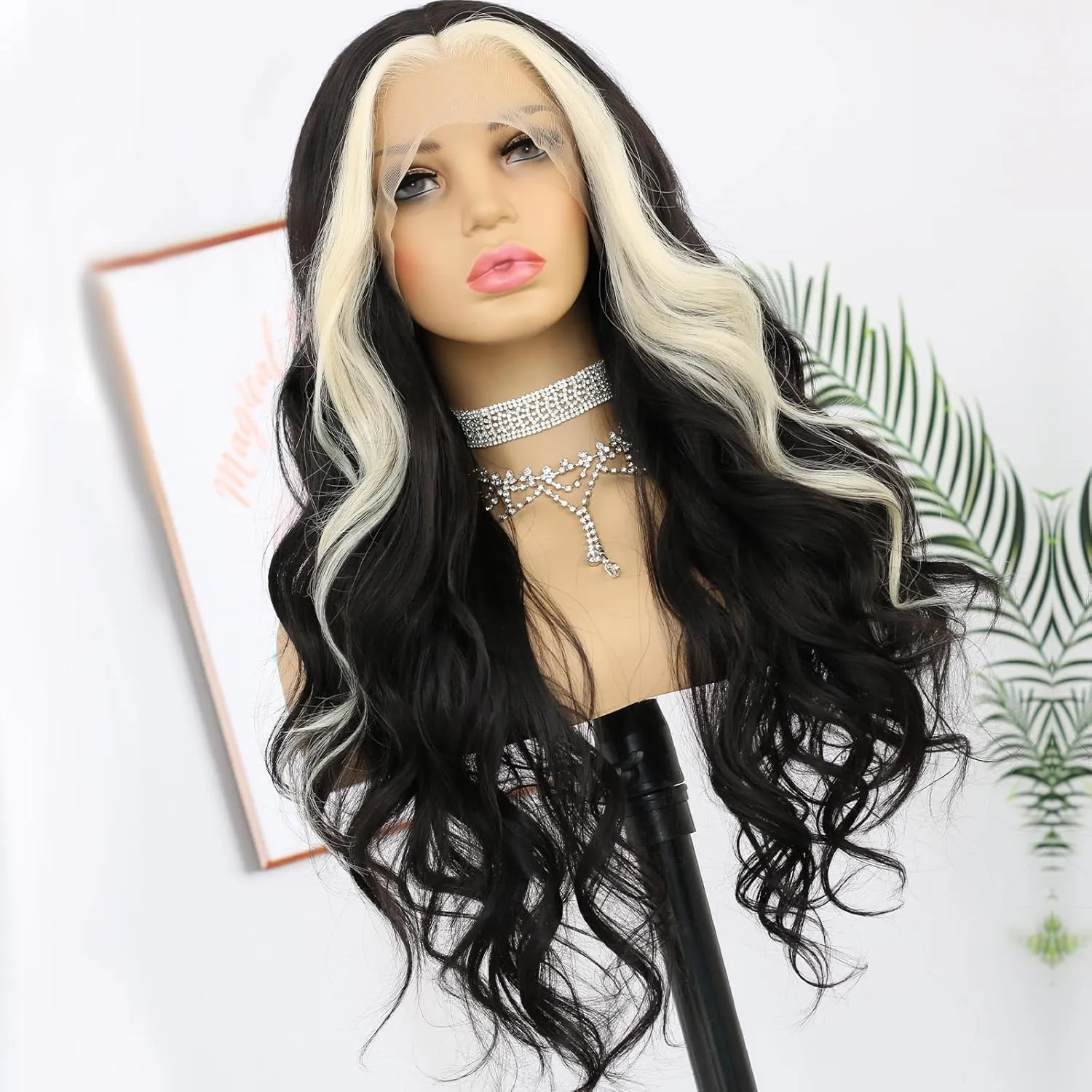ANDRIA Blonde Skunk Stripe Lace Front Wigs Black and Blonde Long Body Wave Glueless Natural Wave Transparent lace Wig Synthetic Heat Resistant Fiber Hair Pre Plucked Baby Hair For Women 24"