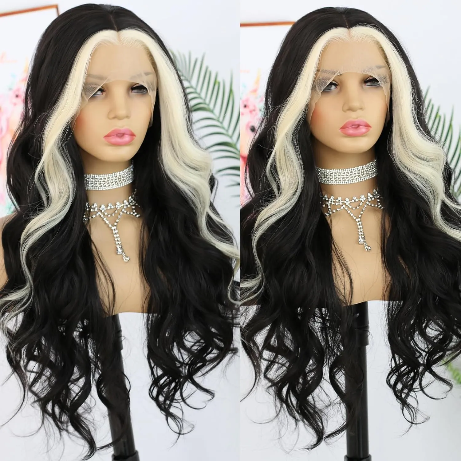 ANDRIA Blonde Skunk Stripe Lace Front Wigs Black and Blonde Long Body Wave Glueless Natural Wave Transparent lace Wig Synthetic Heat Resistant Fiber Hair Pre Plucked Baby Hair For Women 24"