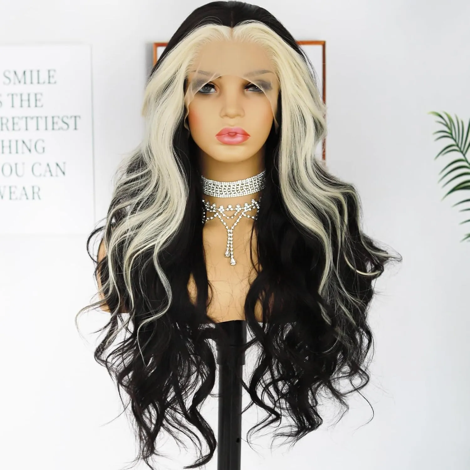 ANDRIA Blonde Skunk Stripe Lace Front Wigs Black and Blonde Long Body Wave Glueless Natural Wave Transparent lace Wig Synthetic Heat Resistant Fiber Hair Pre Plucked Baby Hair For Women 24"