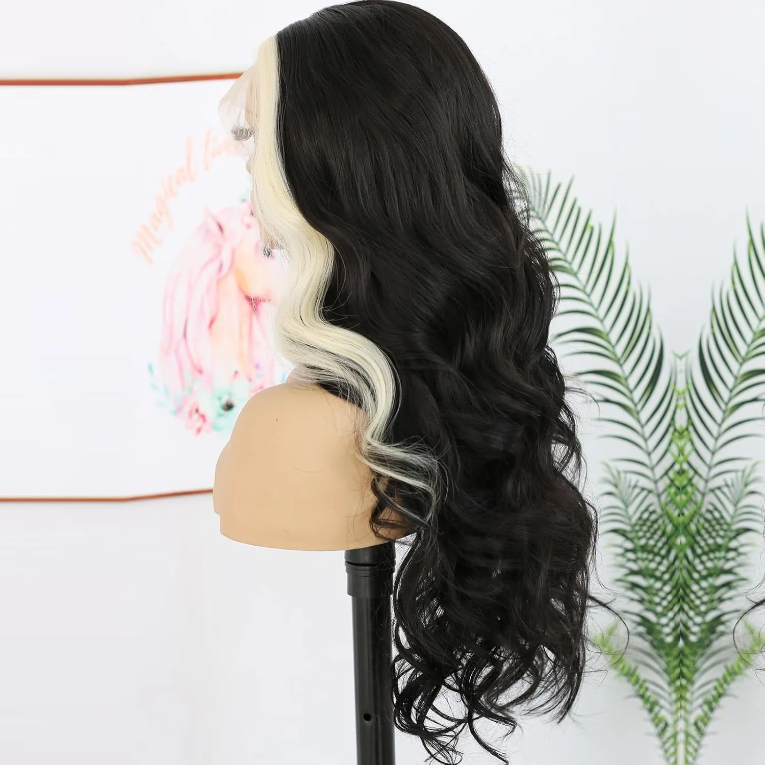 ANDRIA Blonde Skunk Stripe Lace Front Wigs Black and Blonde Long Body Wave Glueless Natural Wave Transparent lace Wig Synthetic Heat Resistant Fiber Hair Pre Plucked Baby Hair For Women 24"