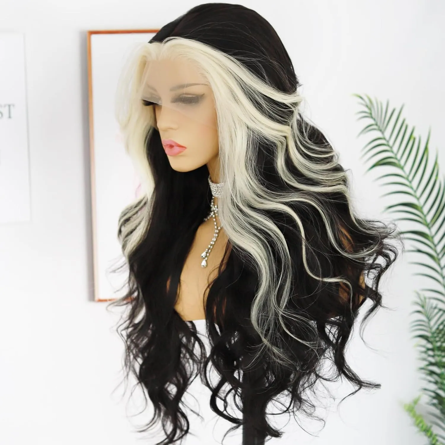 ANDRIA Blonde Skunk Stripe Lace Front Wigs Black and Blonde Long Body Wave Glueless Natural Wave Transparent lace Wig Synthetic Heat Resistant Fiber Hair Pre Plucked Baby Hair For Women 24"