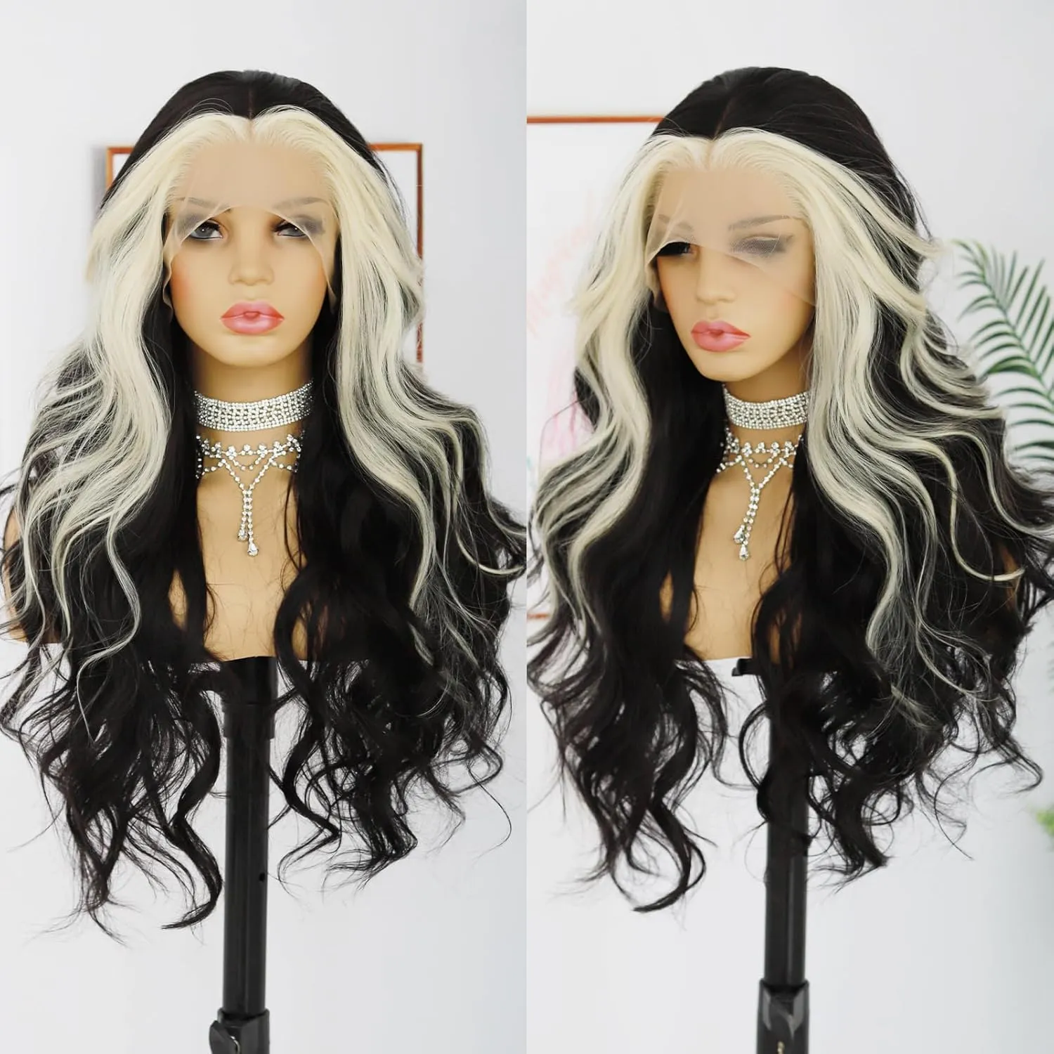 ANDRIA Blonde Skunk Stripe Lace Front Wigs Black and Blonde Long Body Wave Glueless Natural Wave Transparent lace Wig Synthetic Heat Resistant Fiber Hair Pre Plucked Baby Hair For Women 24"