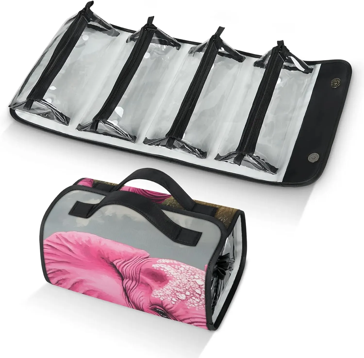 Animal Elephant Travel Toiletry Bag for Women, 4 in 1 Roll Up Makeup Cosmetic Bag With 4 Removable PVC Zipper Pouch