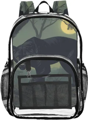 Animals Kids PVC Clear Backpack Cougar Black Forest Heavy Duty Multi-pockets Large Capacity Transparent See Through Bookbag for School Travel Sport Work