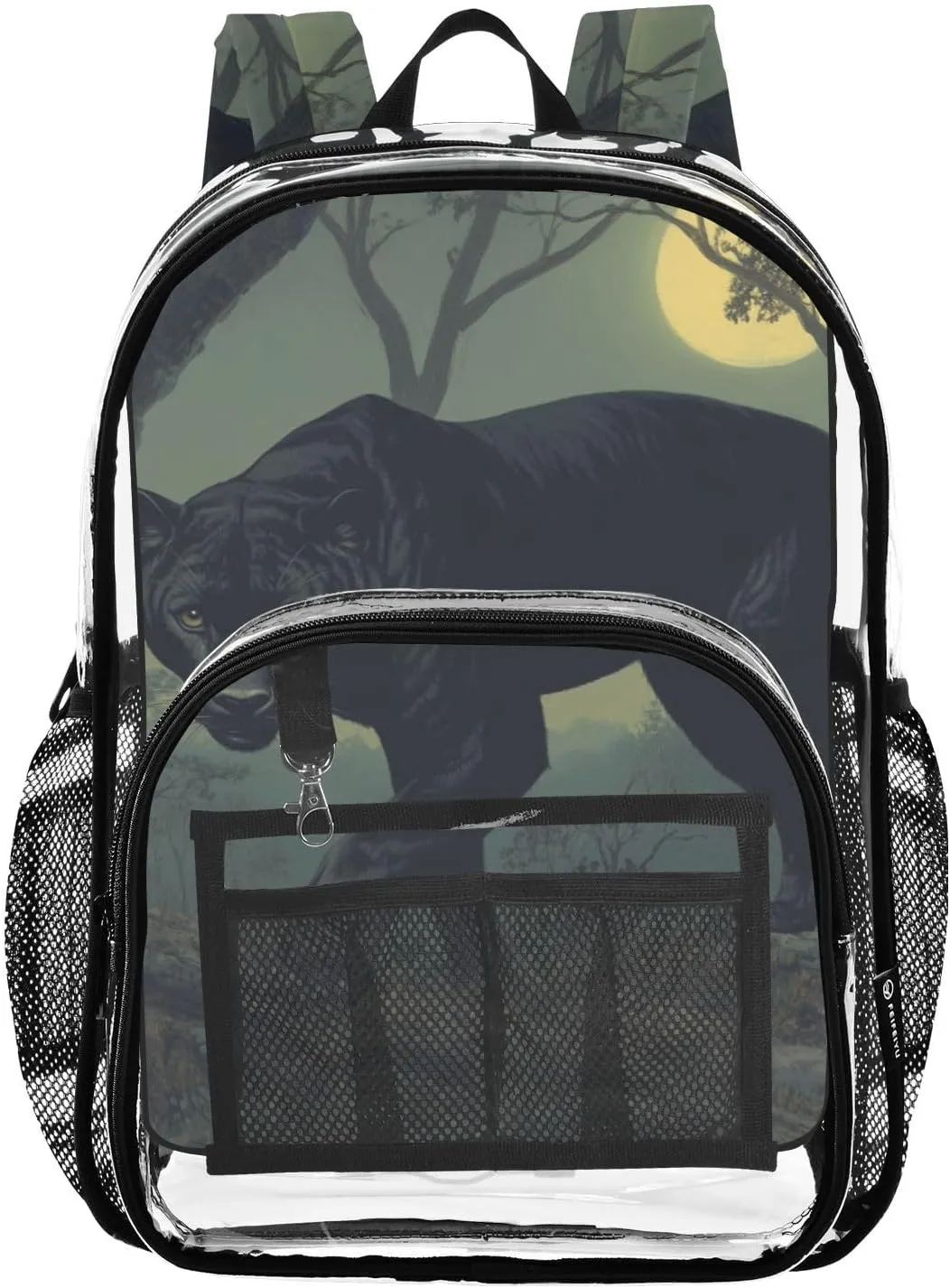 Animals Kids PVC Clear Backpack Cougar Black Forest Heavy Duty Multi-pockets Large Capacity Transparent See Through Bookbag for School Travel Sport Work