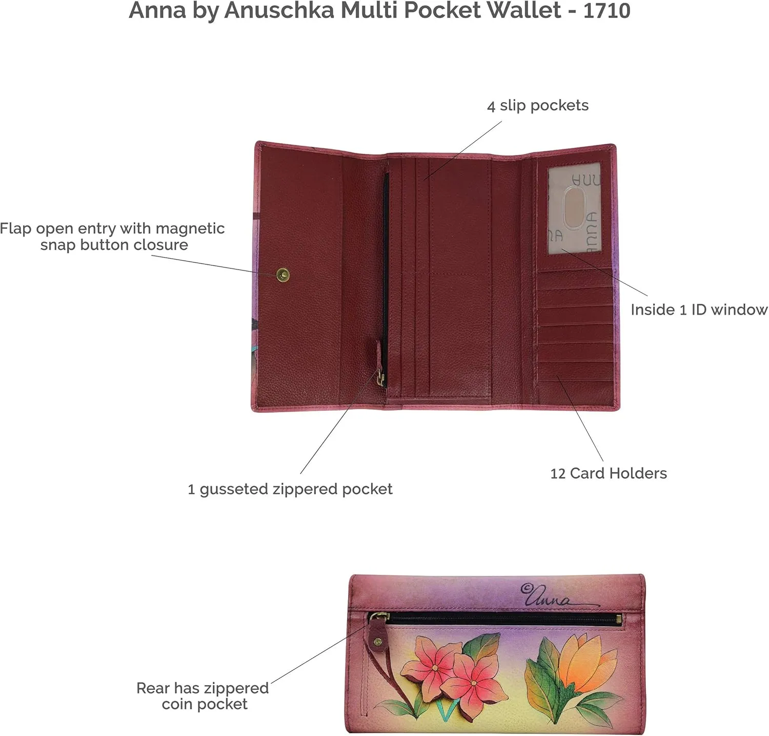 Anna by Anuschka Women's Hand Painted Genuine Leather Multi Pocket Wallet