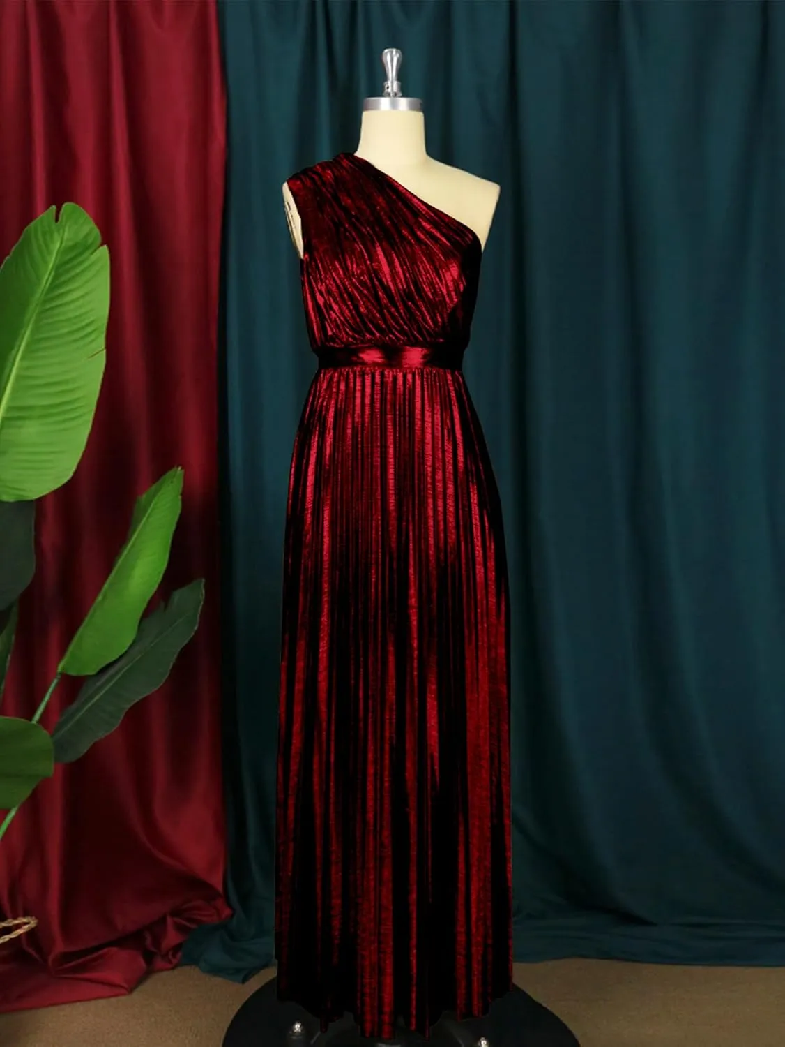AOMEI Women's Luxury Metallic One Shoulder Sleeveless Elegant Pleated Long Dress