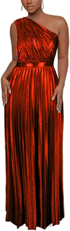 AOMEI Women's Luxury Metallic One Shoulder Sleeveless Elegant Pleated Long Dress