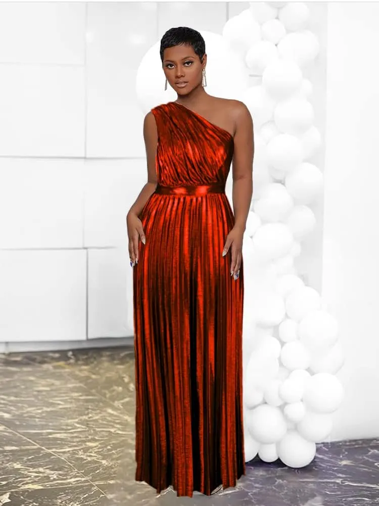 AOMEI Women's Luxury Metallic One Shoulder Sleeveless Elegant Pleated Long Dress