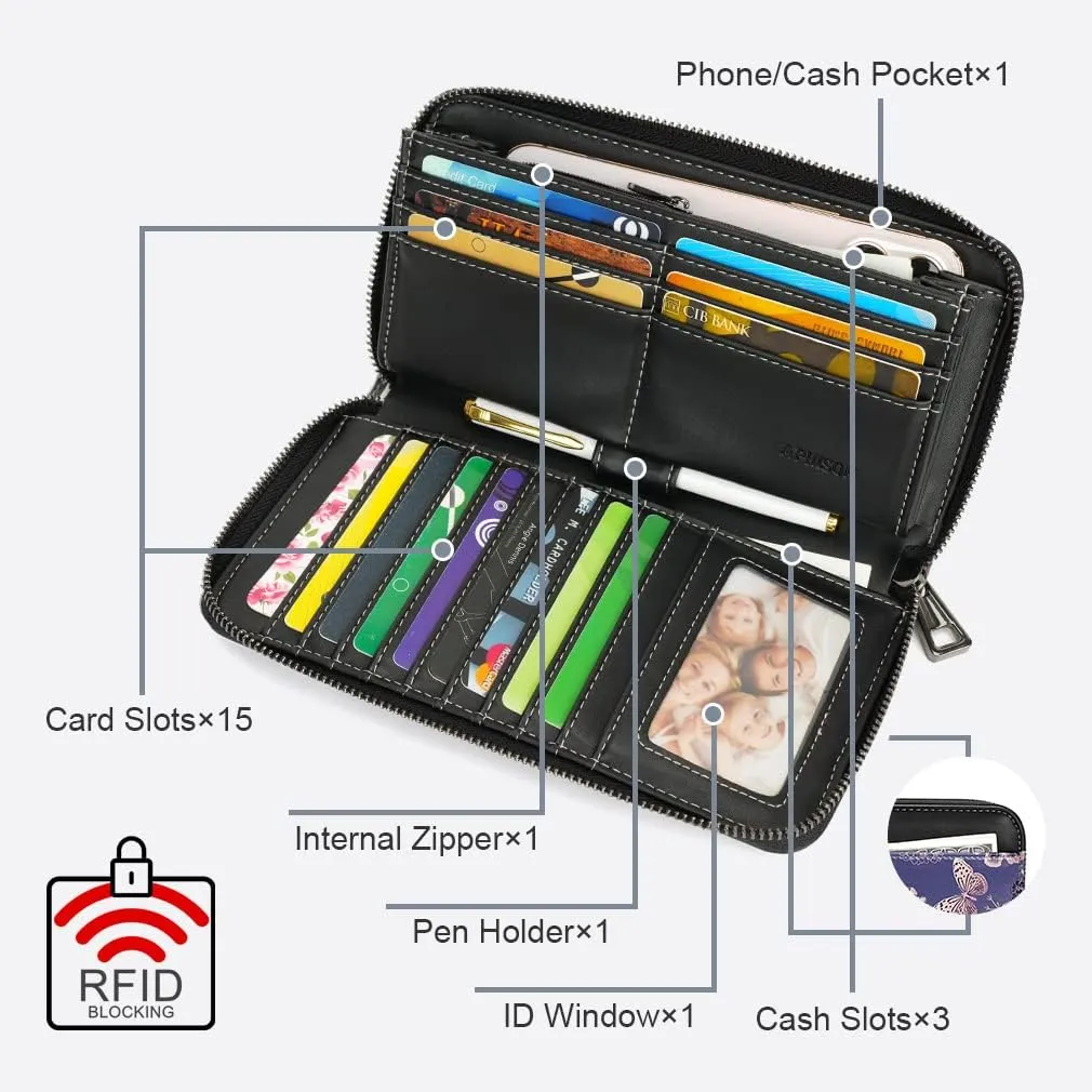 APHISON Wallet Women Large Capacity Clutch Purse For Ladies Card Holder RFID Wristlet Phone Zipper Coin Travel Pocket