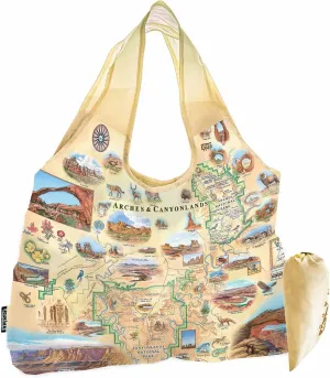 Arches and Canyonlands National Park Map Pouch Tote with Handles – Reusable & Eco-Friendly Grocery Shopping Bag, Foldable Nylon, Heavy Duty, Compact, 18" x 25"