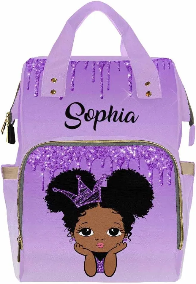 Artsadd Personalized Girl Baby Diaper Bag, Crown Purple Glitter Travel Backpack Casual Daypack Custom Multi-Function Nappy Bag with Name for Daughter Granddaughter