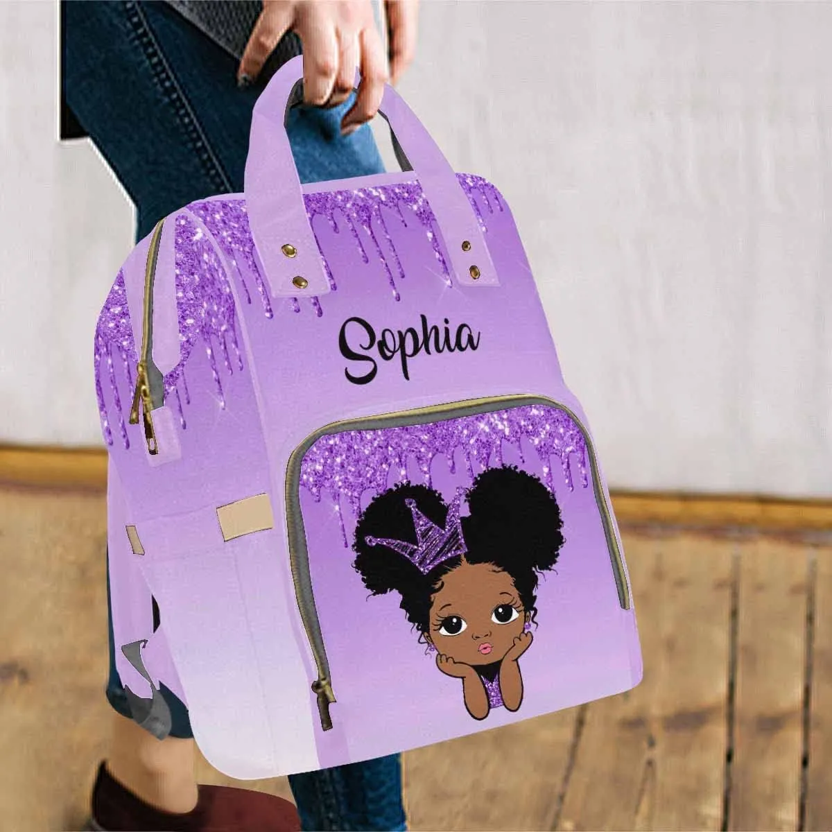 Artsadd Personalized Girl Baby Diaper Bag, Crown Purple Glitter Travel Backpack Casual Daypack Custom Multi-Function Nappy Bag with Name for Daughter Granddaughter