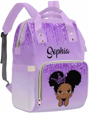 Artsadd Personalized Girl Baby Diaper Bag, Crown Purple Glitter Travel Backpack Casual Daypack Custom Multi-Function Nappy Bag with Name for Daughter Granddaughter