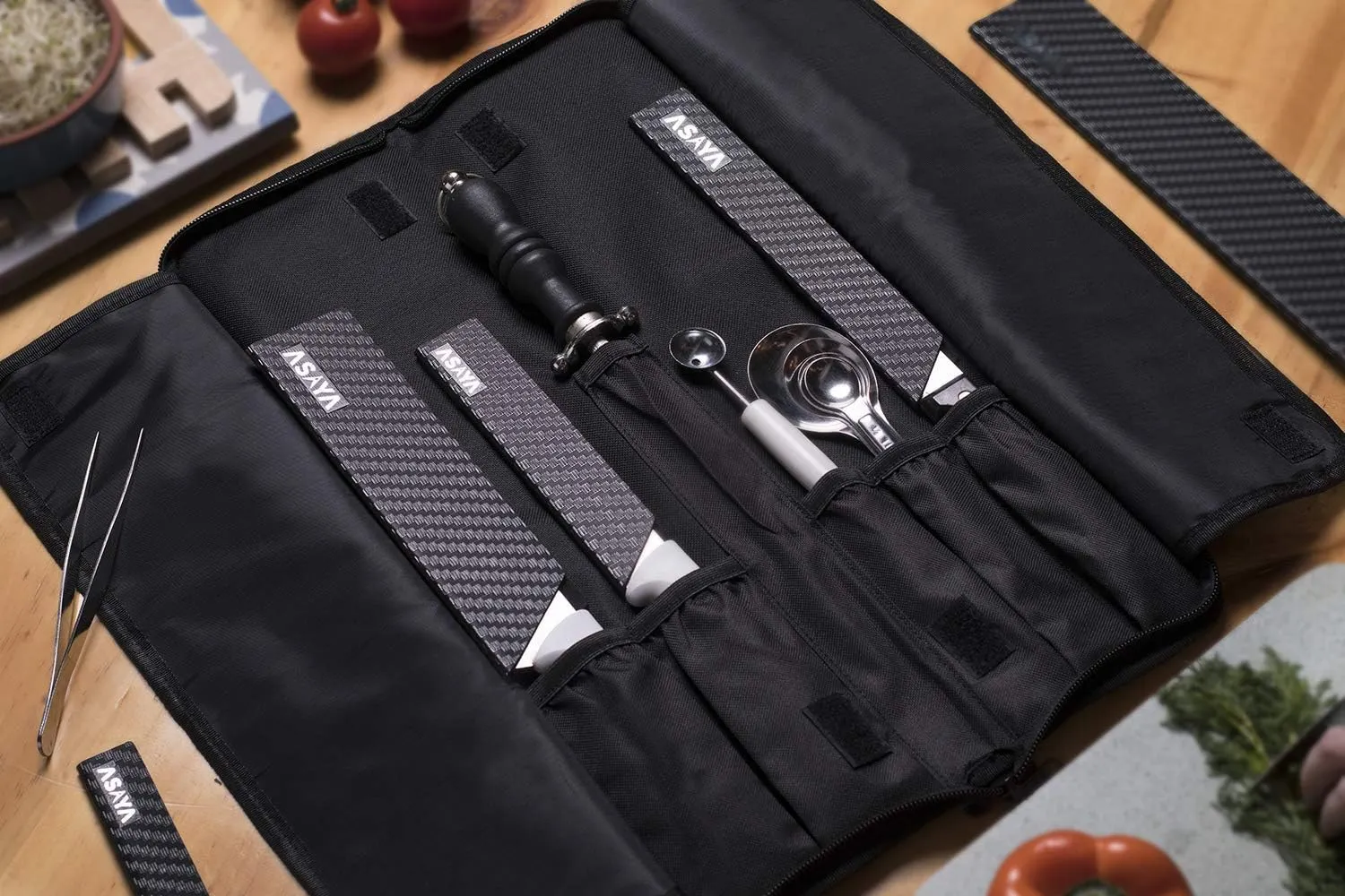 Asaya Chef Knife Roll Bag - 12 Pockets for Knives and Kitchen Utensils - Lightweight, Durable, and Stain Resistant Nylon - Perfect for the Traveling Chef - Knives not Included