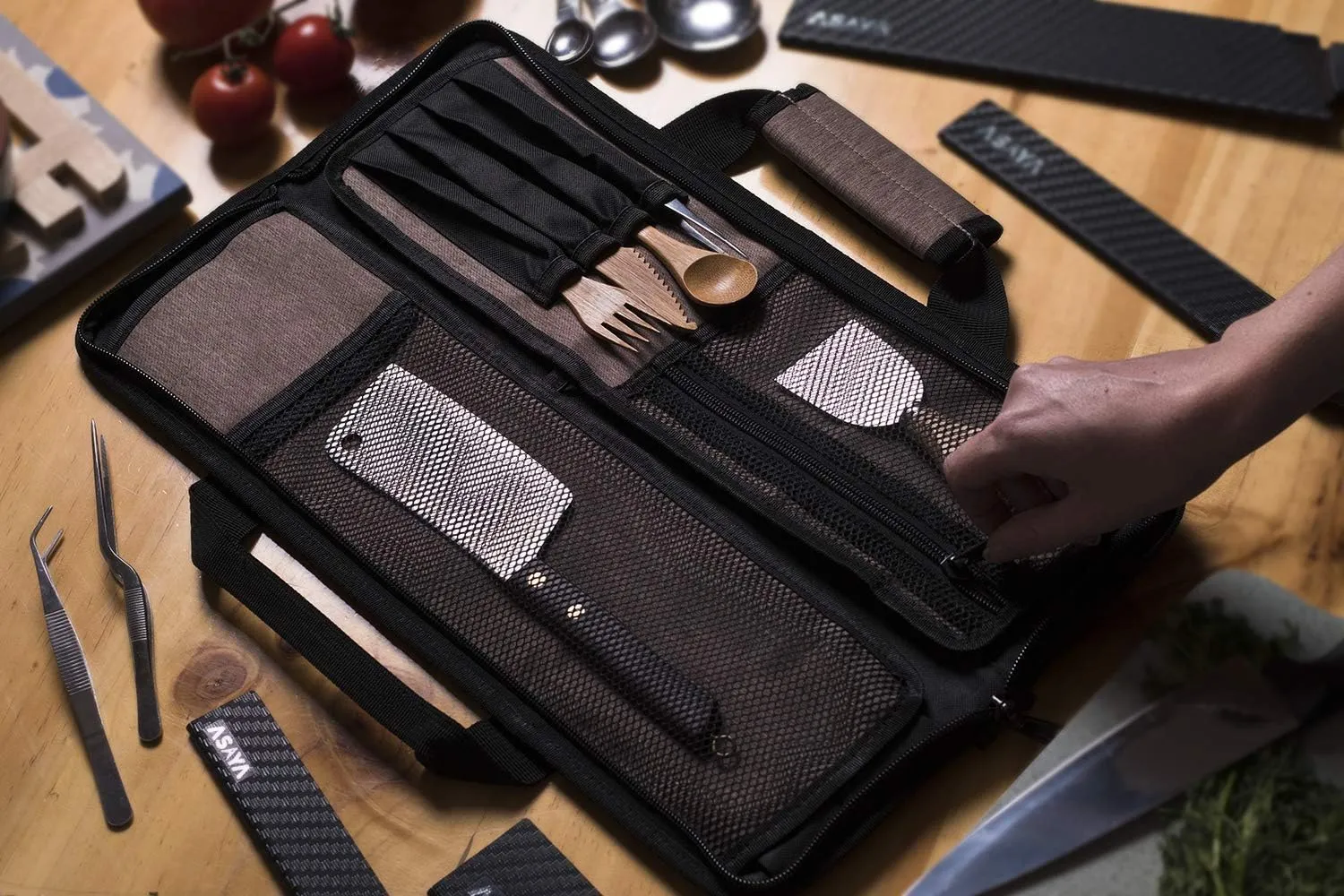 Asaya Chef Knife Roll Bag - 12 Pockets for Knives and Kitchen Utensils - Lightweight, Durable, and Stain Resistant Nylon - Perfect for the Traveling Chef - Knives not Included