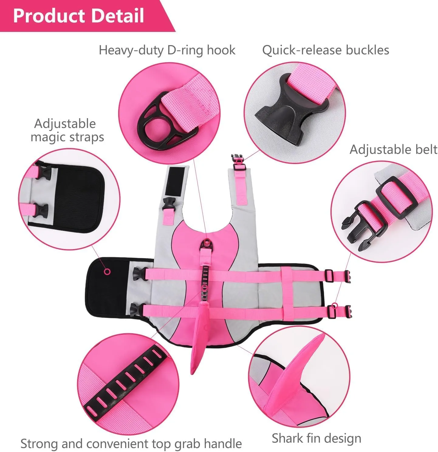 ASENKU Dog Life Jacket - Pet Safety Vest for Swimming & Boating, Shark Life Jacket with Floatation, Dog Lifesavers Swimsuits for Small Medium Large Dogs (Pink, L)