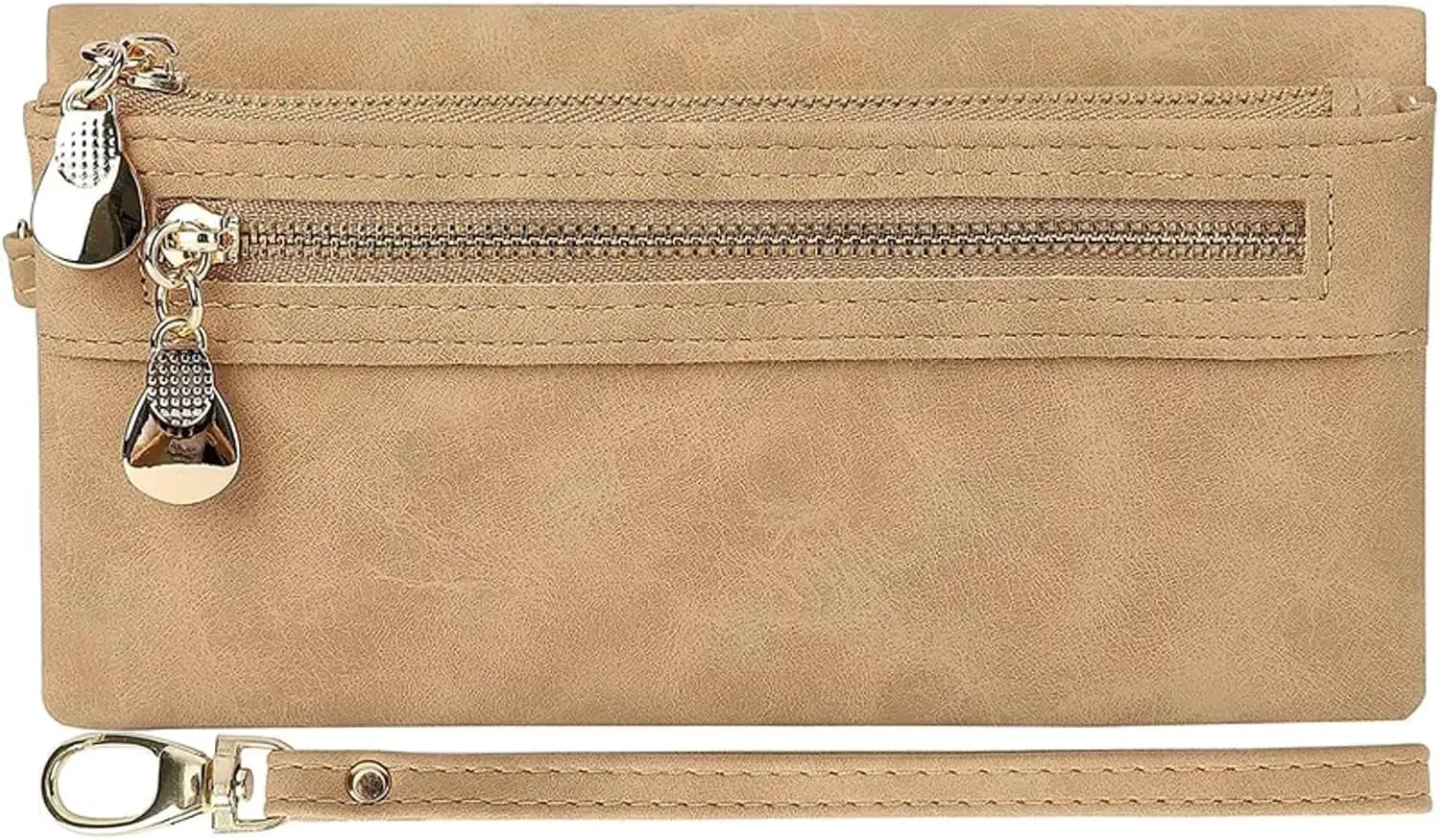 Aslana Soft Leather Long Wallet Wristlet with hand Strap Clutch Bag for Women Card holder Phone Bag (Beige)
