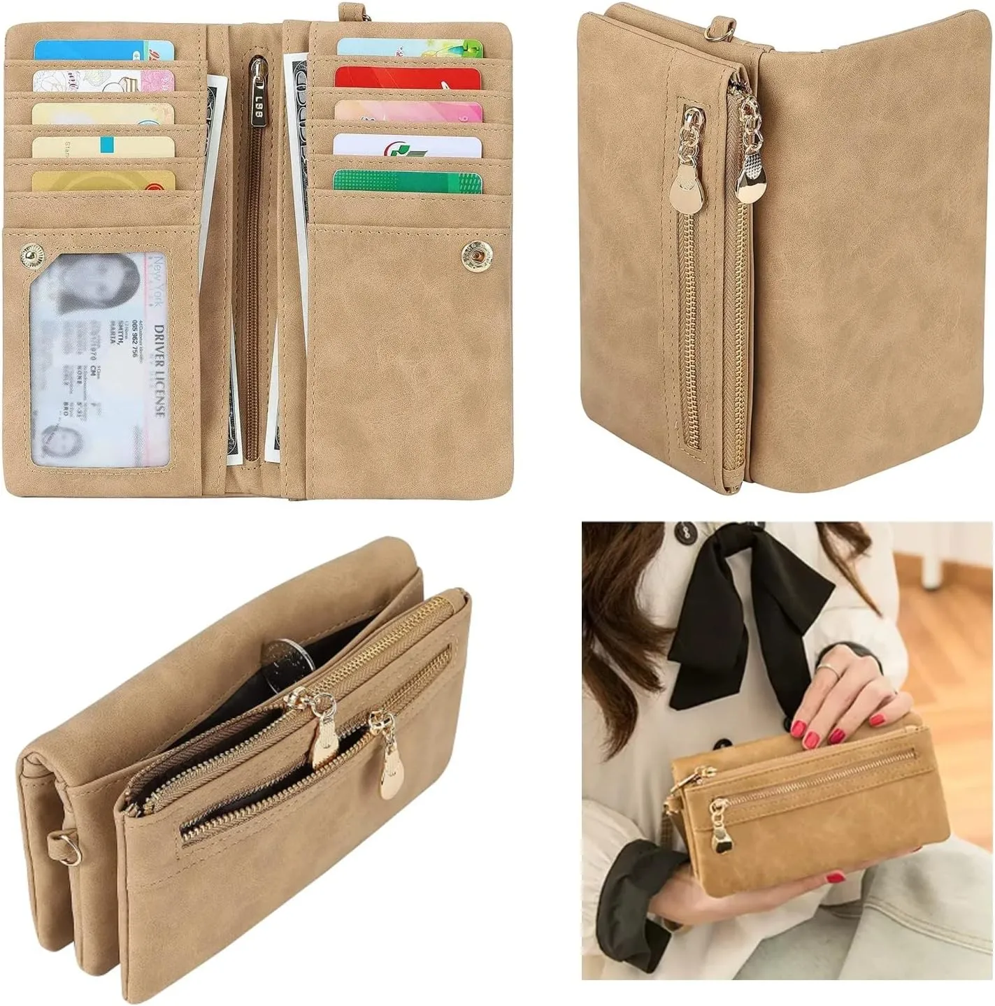 Aslana Soft Leather Long Wallet Wristlet with hand Strap Clutch Bag for Women Card holder Phone Bag (Beige)