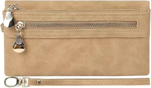 Aslana Soft Leather Long Wallet Wristlet with hand Strap Clutch Bag for Women Card holder Phone Bag (Beige)