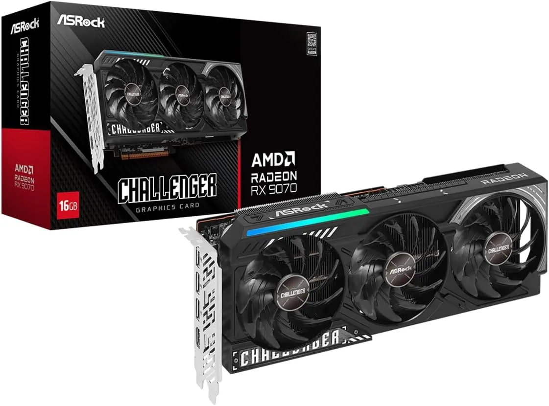 ASRock AMD Radeon RX 9070 Challenger 16GB 2520 MHz 20 Gbps GDDR6 256Bit GPU RT AI Accelerators PCIe5.0 2x8-pin Triple Fan 700W Graphics Card 0DB Silent Cooling DisplayPort2.1a HDMI2.1b LED Indicator