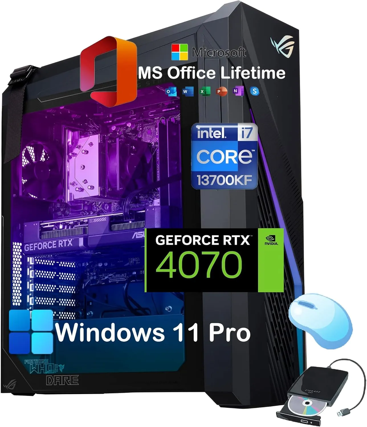 ASUS ROG G16CH Gaming Desktop Tower, NVIDIA GeForce RTX 4070 Dual, Intel 16 Core i7-13700KF Up to 5.4 GHz, 32GB RAM, 2TB SSD, Windows 11 Pro & Office License, External DVD Drive, WiFi
