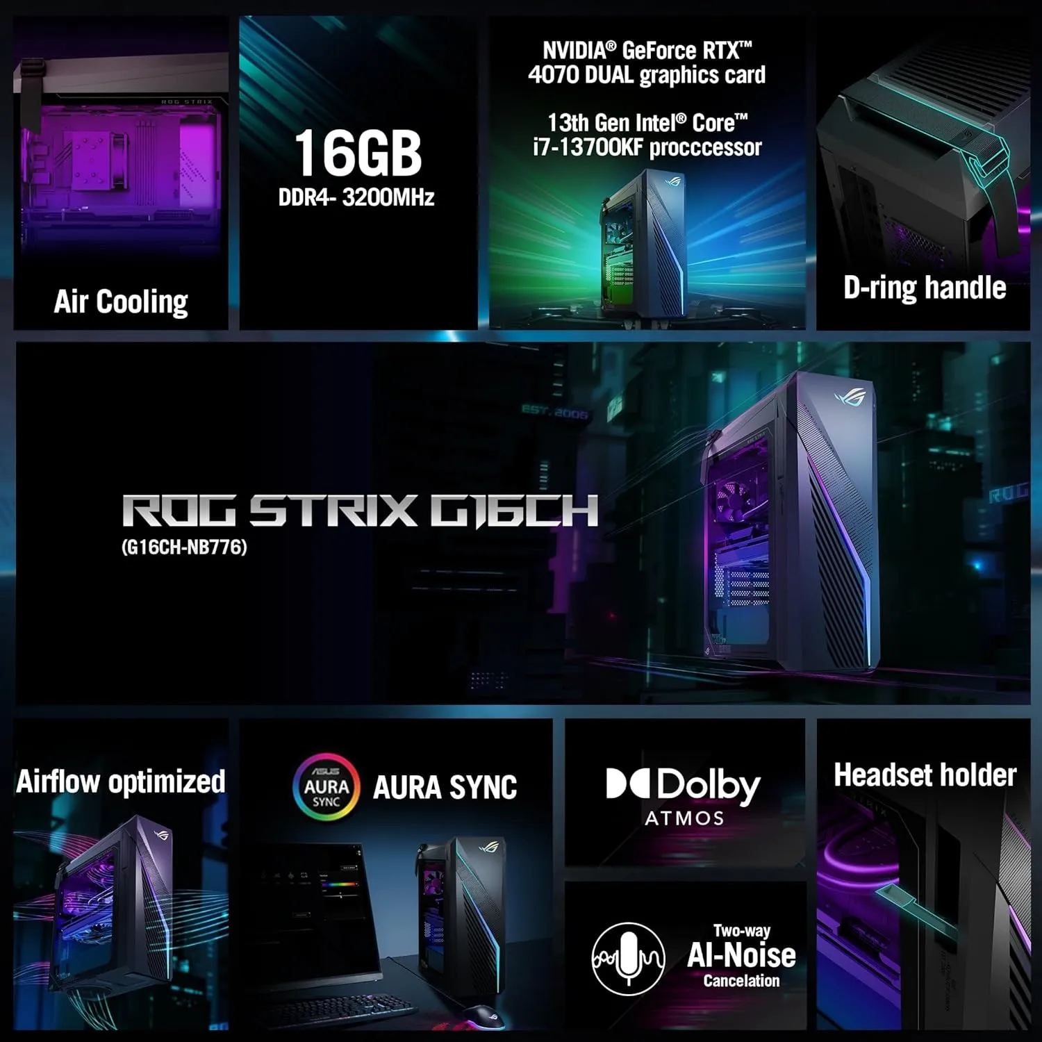 ASUS ROG G16CH Gaming Desktop Tower, NVIDIA GeForce RTX 4070 Dual, Intel 16 Core i7-13700KF Up to 5.4 GHz, 32GB RAM, 2TB SSD, Windows 11 Pro & Office License, External DVD Drive, WiFi
