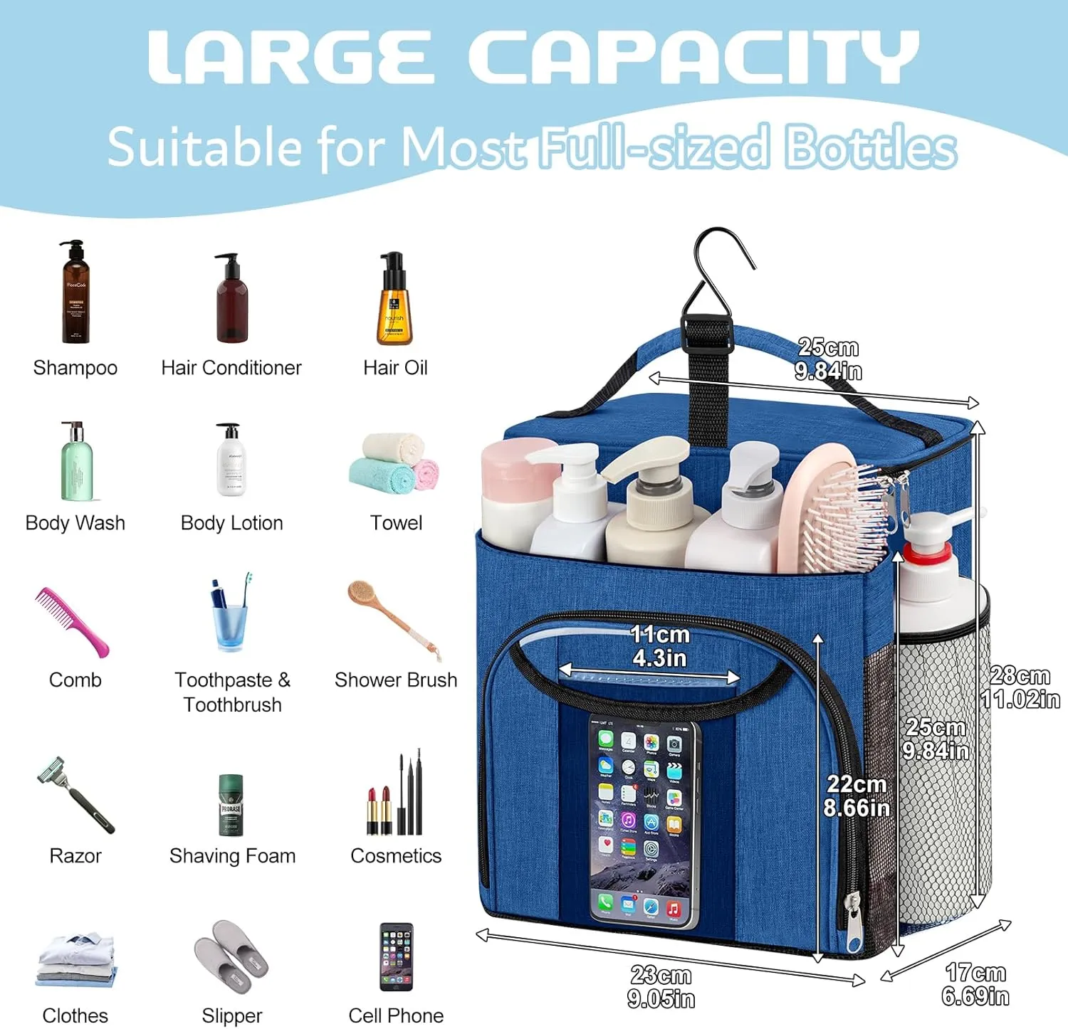 Attmu Large Capacity Portable Shower Caddy Dorm for College Essentials, Separate Compartment Hanging Toiletry Bag for College Student Camping Gym Travel Essentials (Blue)