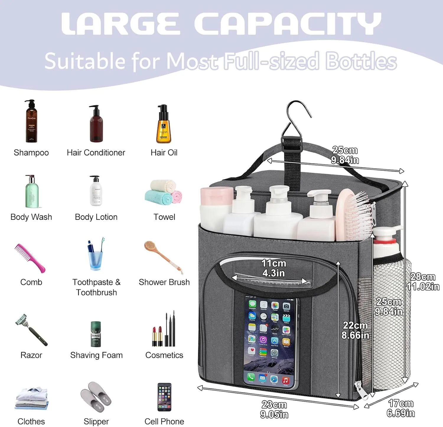 Attmu Large Capacity Portable Shower Caddy Dorm for College Essentials, Separate Compartment Hanging Toiletry Bag for College Student Camping Gym Travel Essentials (Gray)