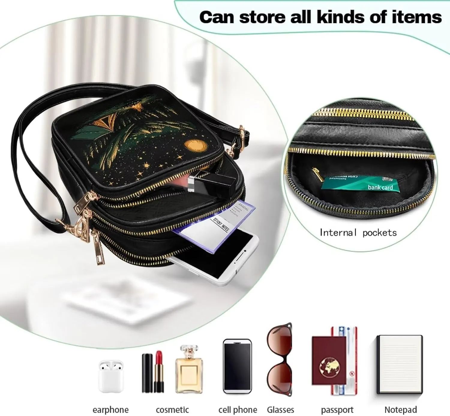 Attractive Print Womens Crossbody Bag with Strap Pockets Zipper for Travel Everyday Use