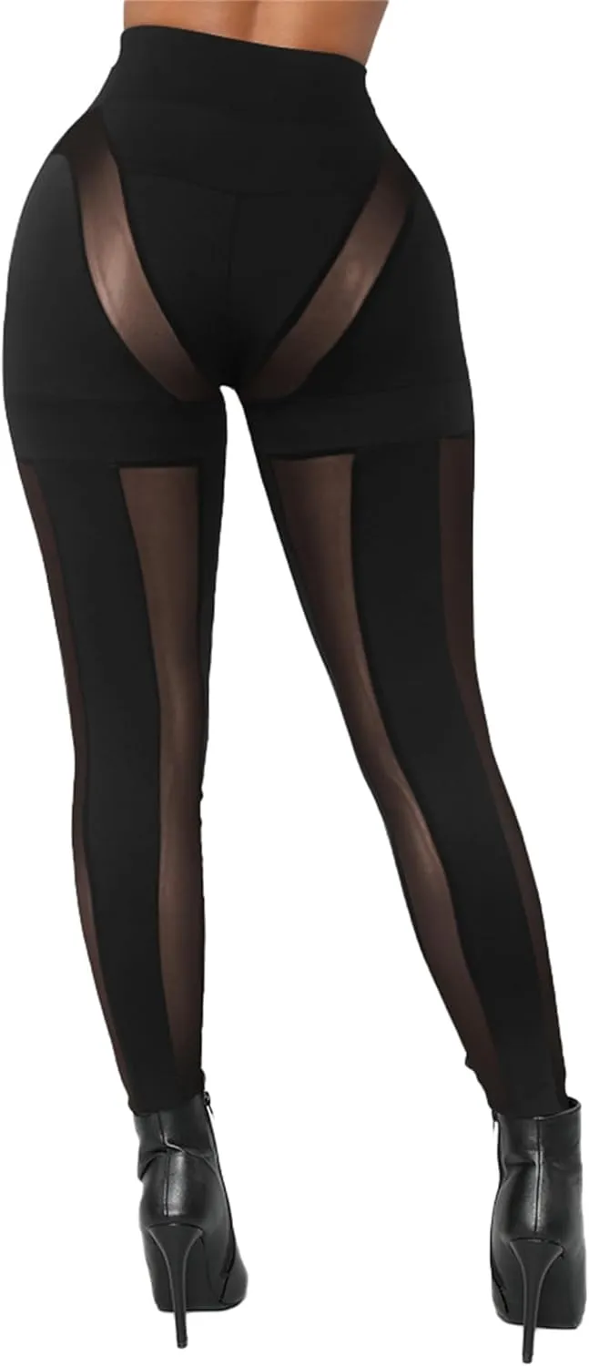 Atyfuniby Womens Leggings High Waisted - Sexy Skinny Mesh See Through Pants Party Clubwear