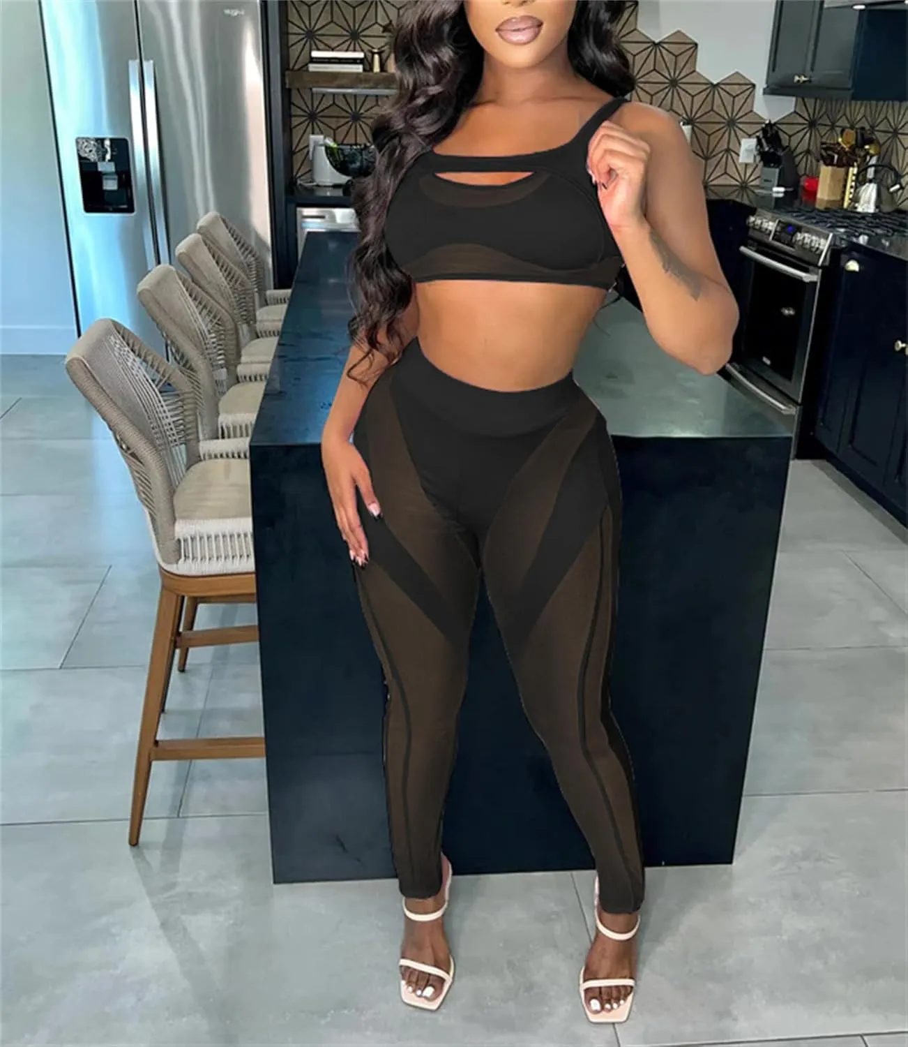 Atyfuniby Womens Leggings High Waisted - Sexy Skinny Mesh See Through Pants Party Clubwear