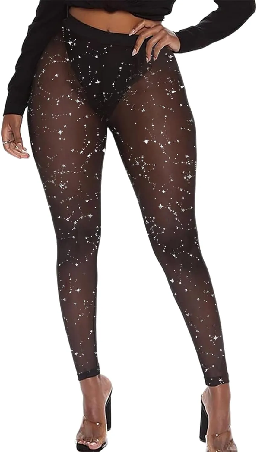 Atyfuniby Womens Leggings High Waisted - Sexy Skinny Mesh See Through Pants Party Clubwear