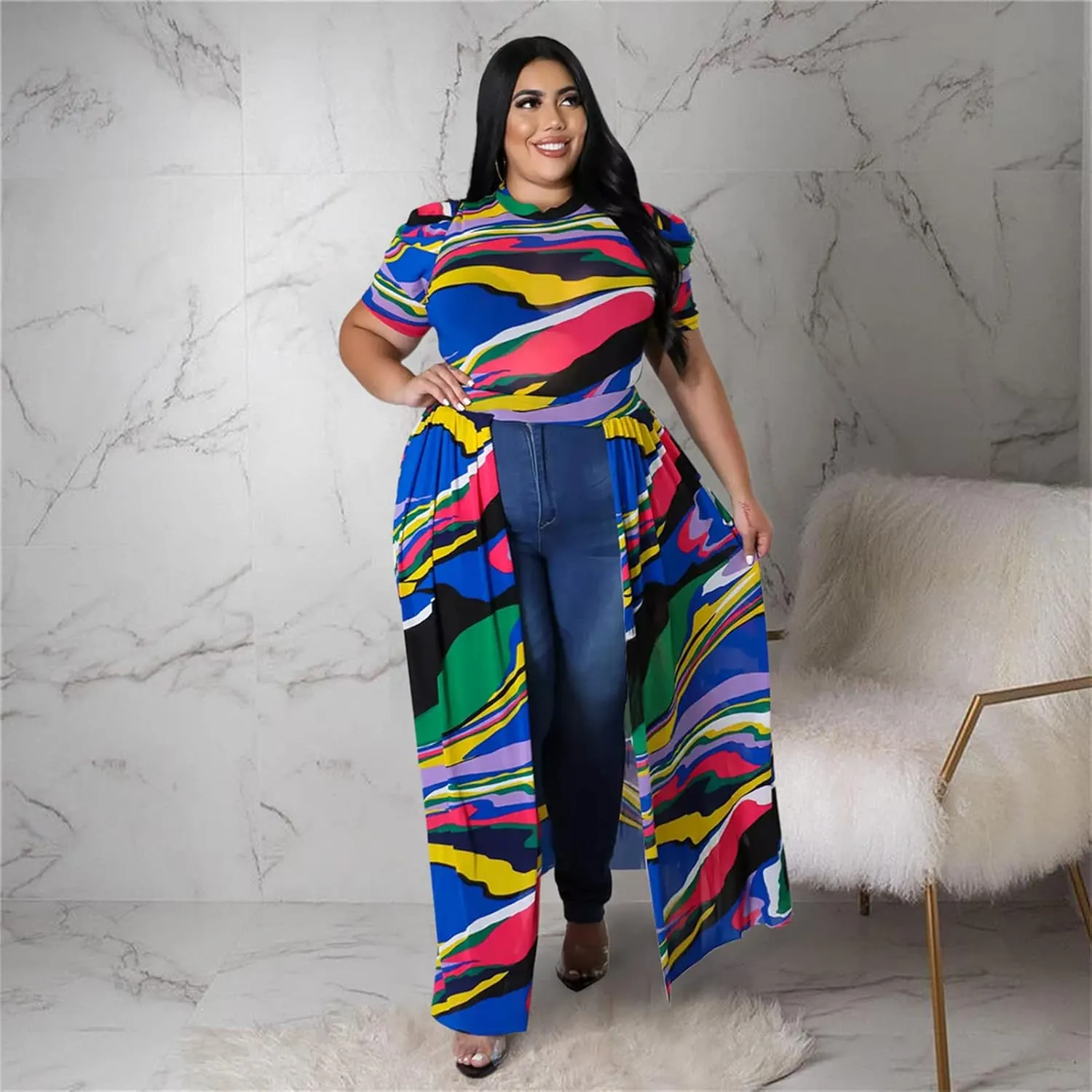 Atyfuniby Women's Plus Size High Low Tops Blouse Puff Short Sleeve Mesh See Through Maxi Tunic Shirt Dresses