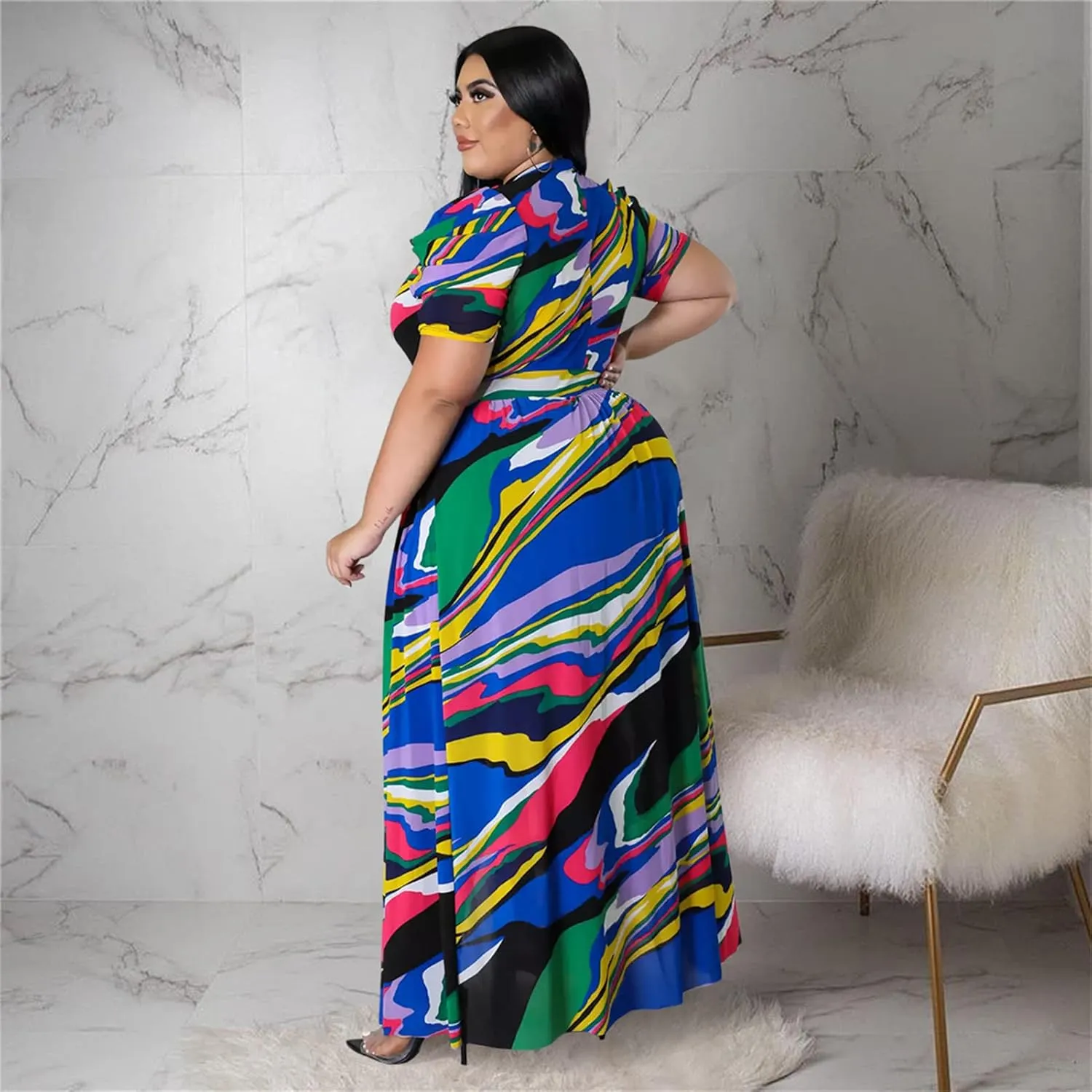 Atyfuniby Women's Plus Size High Low Tops Blouse Puff Short Sleeve Mesh See Through Maxi Tunic Shirt Dresses