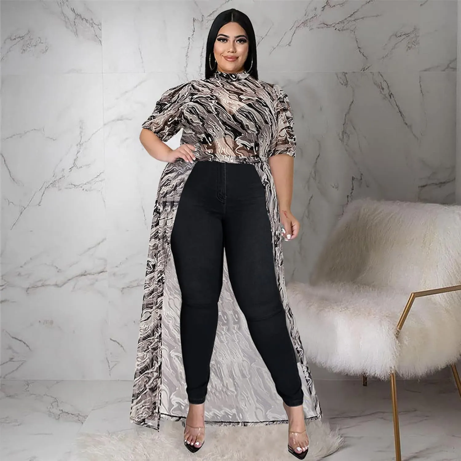 Atyfuniby Women's Plus Size High Low Tops Blouse Puff Short Sleeve Mesh See Through Maxi Tunic Shirt Dresses