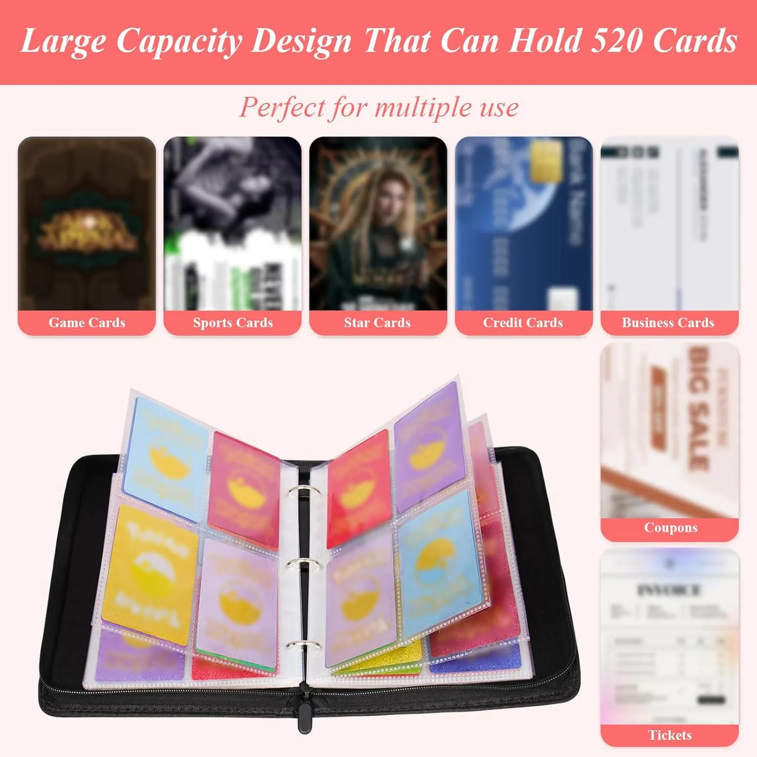 AULEEP PU Baseball Sports Game Trading Card Binder 4 Pockets 520 Cards Collection for Kids Boys Girls, Easy Carry DIY Stickers Holder, Removable Top Loading Cards Album for Yoto TCG, MTG Cards