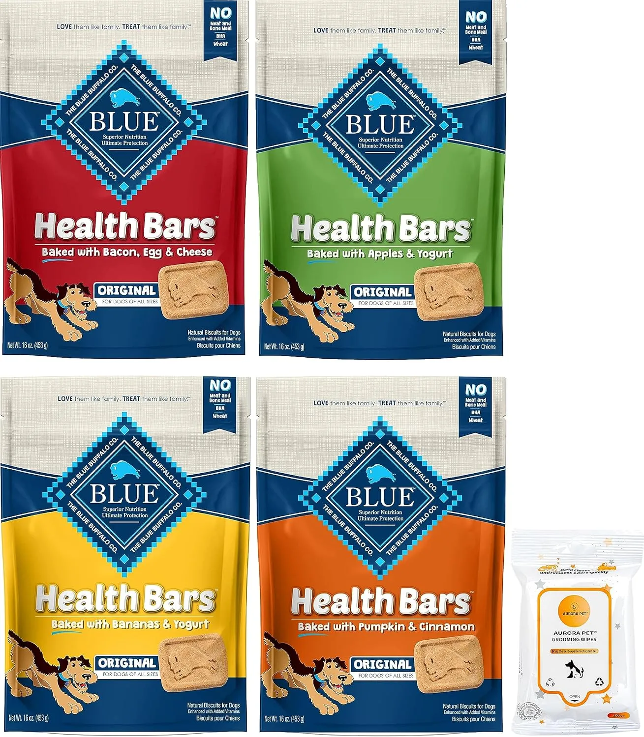 Aurora Pet Variety Pack (4) Blue Health Bars Crunchy Dog Treats (16-oz Each) with AuroraPet Wipes