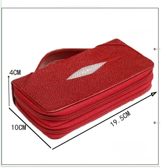 Authentic Exotic Real Stingray Skin Women Purple Purse Genuine Leather Zipper Closure Lady Clutch Bag Female Large Card Holders (Red)