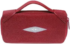 Authentic Exotic Real Stingray Skin Women Purple Purse Genuine Leather Zipper Closure Lady Clutch Bag Female Large Card Holders (Red)