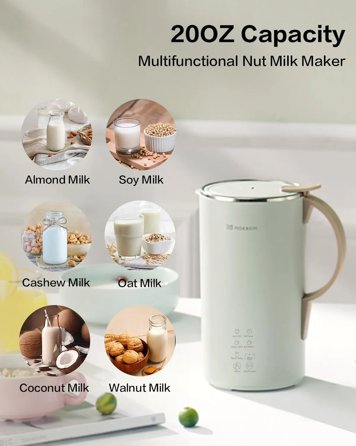 Automatic Nut Milk Maker, 20 oz Soy Milk Maker, Homemade Almond, Oat, Coconut, Soy, Plant-Based Milk and Dairy Free Beverages, Almond Milk Maker with Delay Start/Boild Water/Self Clean - Green